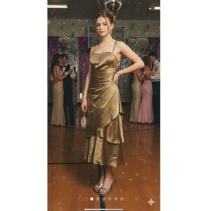 Liz Elana 100% Silk Gold Beaded Ruched Tiered Asymmetrical Prom Dress Size 4 Y2k